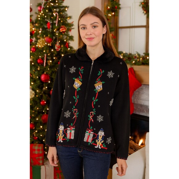 Victoria Jones Ugly Christmas Sweater Beaded Nutcrackers Removable Collar XL - Picture 2 of 5